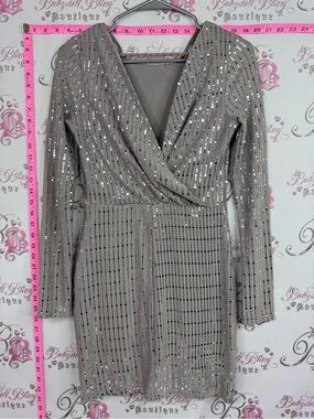 Crystal sky dress grey sparkly Sequin Wrap-Front Long Sleeve Mini Dress